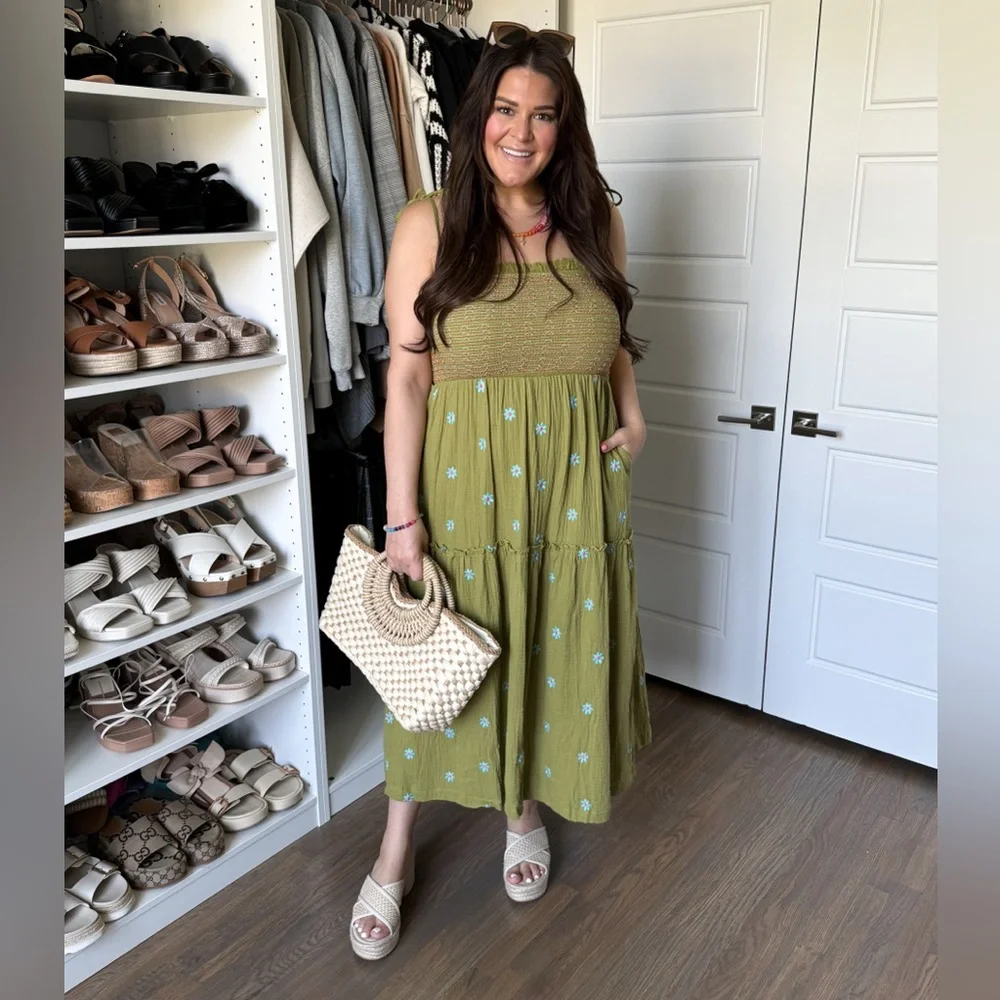 Smocked Tiered Midi Dress in Olive Green - Picture 1 of 10